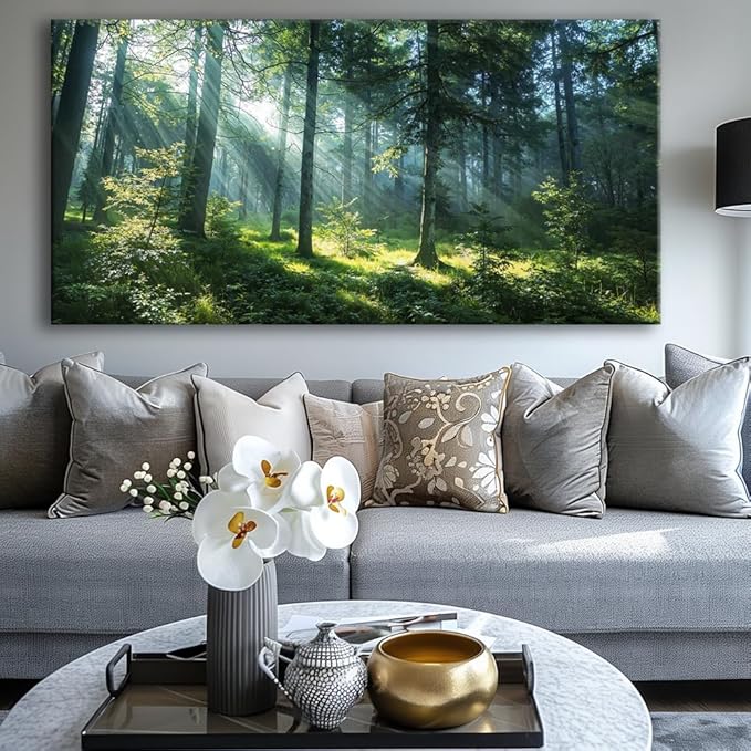 Huaaliunn Large Green Forest Wall Art for Living Room and Bedroom, Canvas Wall Art Framed Ready to Hang, Modern Landscape Nature Painting, Wall Decor for Home Office 75x150cm(30x60in)