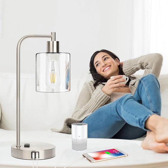 Industrial Touch Control Table Lamps Set of 2 - Brushed Nickel Nightstand Bedside Lamps with 2 USB Ports & AC Outlet, 3-Way Dimmable Desk Lamp for Bedroom Living Room, Glass Shade & LED Bulbs Included