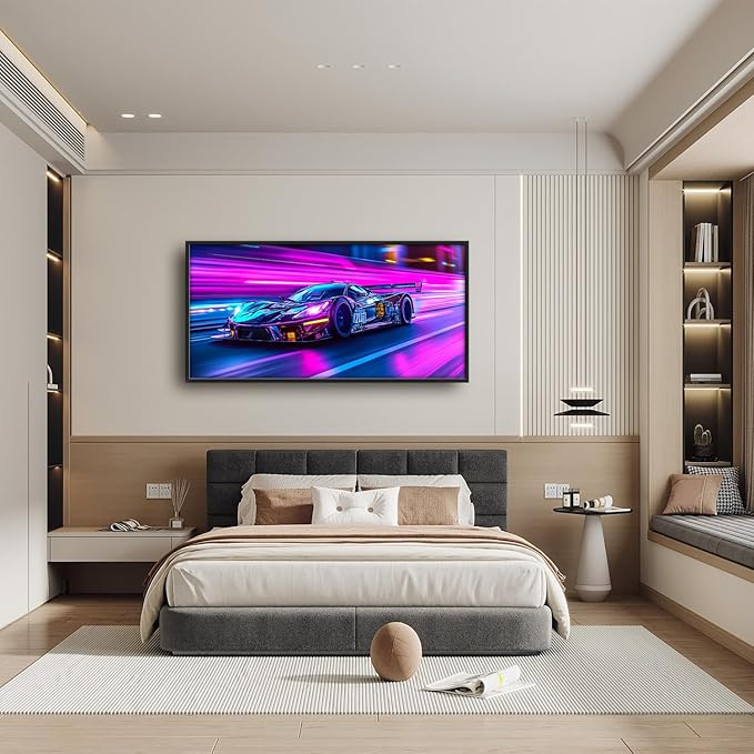 Flintis Large Racing Car Framed Wall Art Neon Race Supercar Pictures Wall Decor Abstract Colorful Car Canvas Painting Print Artworks Decor Framed for Living Room Bathroom Master Bedroom 60L X 30W