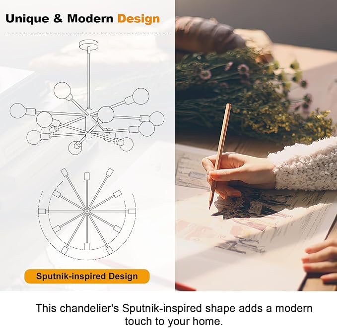 33" Modern Chandelier Ceiling Light Fixture, 12-Light Sputnik Chandeliers Matte Black Mid Century Chandelier Over Table, Height Adjustable Chandeliers for Dining Room Living Room Kitchen Island
