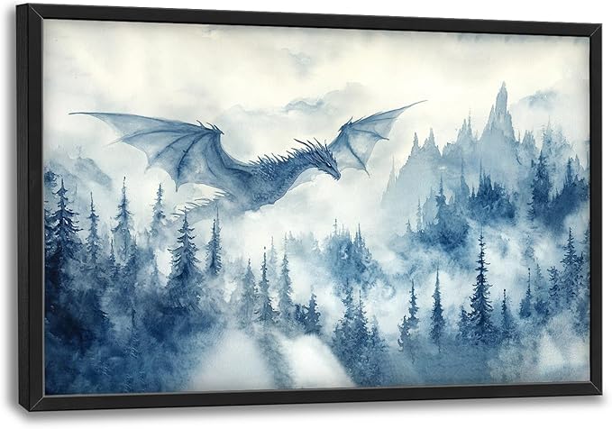 Flintis Large Dragon Framed Wall Art Forest Dragon Pictures Wall Decor Abstract Fantasy Wild Animal Canvas Painting Print Artworks Decor Framed for Living Room Bathroom Master Bedroom 36L X 24W