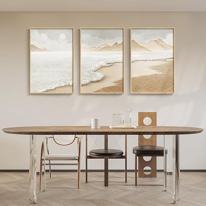 Framed Boho Coastal Beach Wall Art for Living Room, Large Neutral Abstract Coastal Canvas Artwork for Walls, 3 Piece Minimalist Ocean Picture Print for Bedroom Kitchen Wall Decor, Total Size 30x60 In