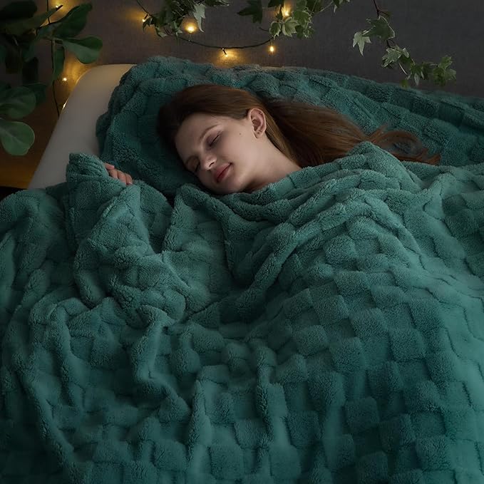 NEWCOSPLAY Super Soft Queen Blanket Mint Green Premium Silky Flannel Fleece 3D Checkered Lightweight Bed Blanket All Season Use (Mint Green Checkered, Queen(90"x90"))