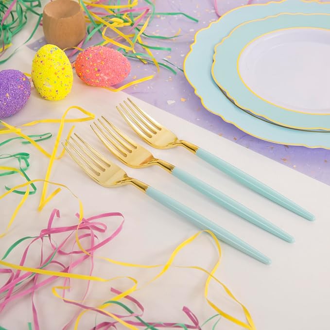 WDF 30Guest Mint Green Plastic Plates & Disposable Gold Silverware With Green Handle-Baroque Green &Gold Plastic Dinnerware for Upscale Party/Picnic/Birthday