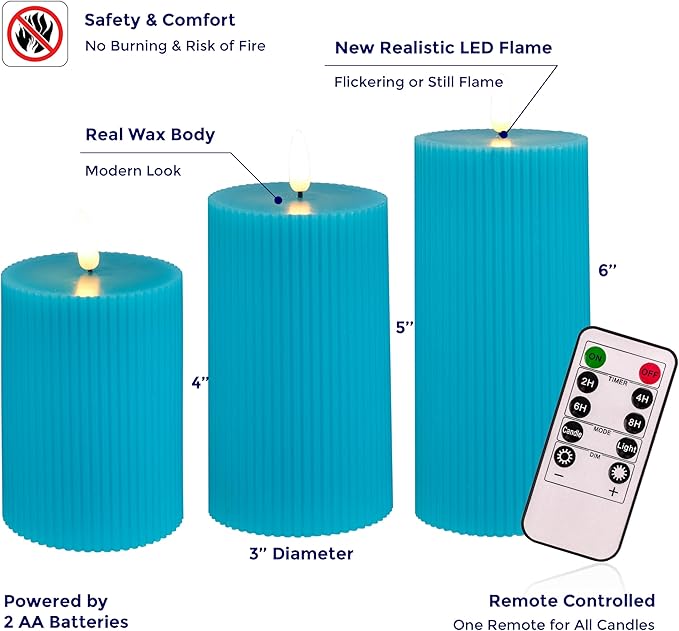 VENTA Turquoise Flameless Pillar Candles, Set of 3 (4" 5" 6") | Realistic Flickering Teal LED Candles with Remote & Timer | Perfect for Coastal, Boho & Modern Home Decor