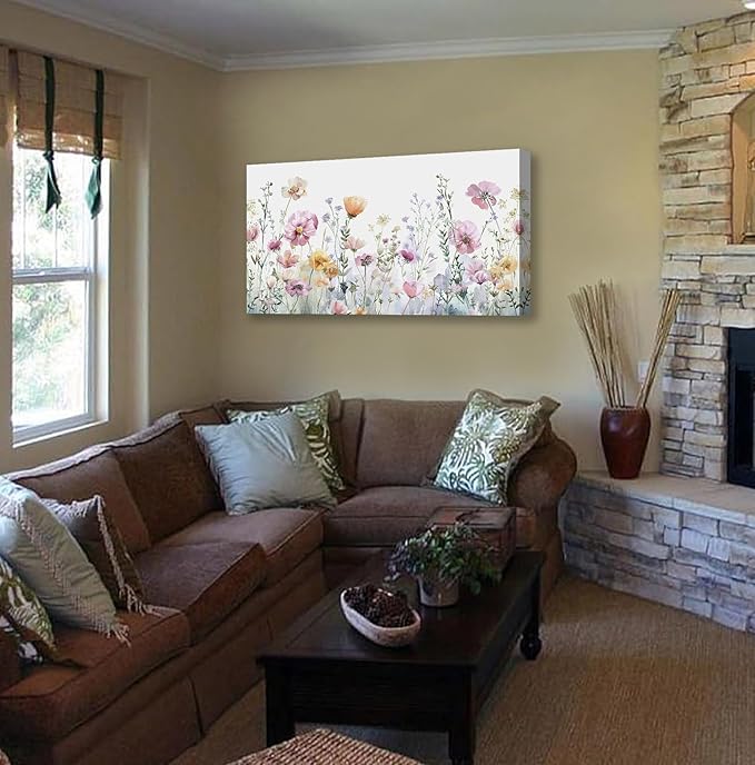 Tucai Decor Floral Wall Art Decor 30 x 58 inches Pink Yellow Purple Flowers Painting Canvas Art for Living Room Bedroom Office Watercolor wildflowers Art Prints Ready to Hang