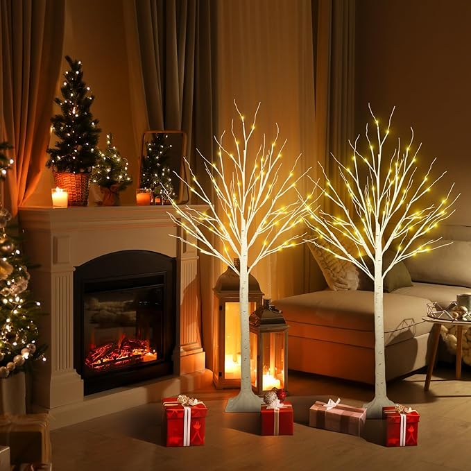 2-Pack 4FT Lighted Birch Tree (Higher Size & Floor Standing), Birch Christmas Tree for Indoor & Outdoor, Warm White 96 LED Birch Tree Lights for Outdoor Christmas Decorations Indoor Home Thanksgiving