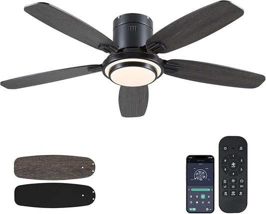 Low Profile Ceiling Fan with Lights and Remote/APP, 50 Inch Modern Flush Mount Ceiling Fan with 3CCT 6-Speeds Quiet DC Motor,Dimmable 3-Color Temperatures for Living Room Bedroom(Black)