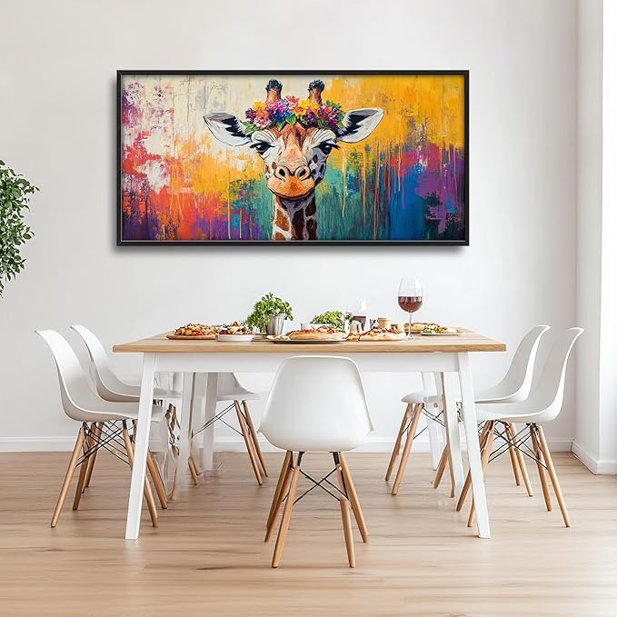 Framed Large Wall Art for Living Room, Banksy Deer Canvas Wall Decor, Large Giraffe Picture Framed Painting, Modern Artwork for Bedroom Office 60L'' × 30W''