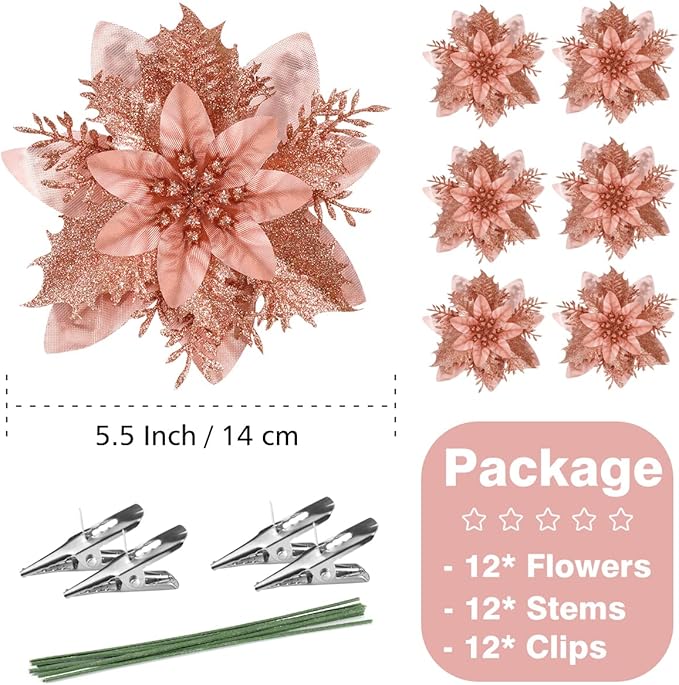 Christmas Poinsettia Artificial Flowers Decorations 5.5" Christmas Tree Wreaths Garland Decoration 12 Pcs Glitter Flowers Picks Decor for Xmas Wedding Party Ornaments (Rose Gold)
