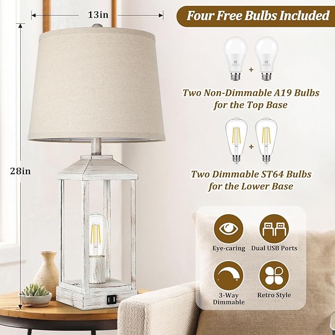 28" Farmhouse White Table Lamps for Living Room, 3-Way Dimmable Besides Nightstand Set of 2 Touch Control with USB Ports, Rustic Modern Vintage Retro Lamps for Bedroom, Home, Office, 4 Bulbs Included