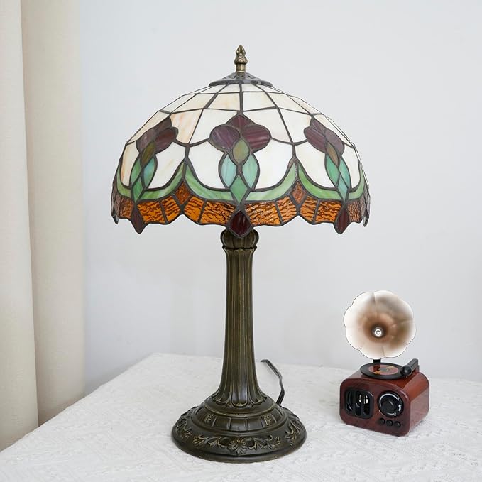 Red Tuilp Tiffany Lamp Stained Glass Table Lamps Antique Vintage Style Bedside Nightstand Nightstand Decor Living Room Bedroom Office Home Retro Bar Hotel 12 Inch Unique Flower Reading Desk Lamps
