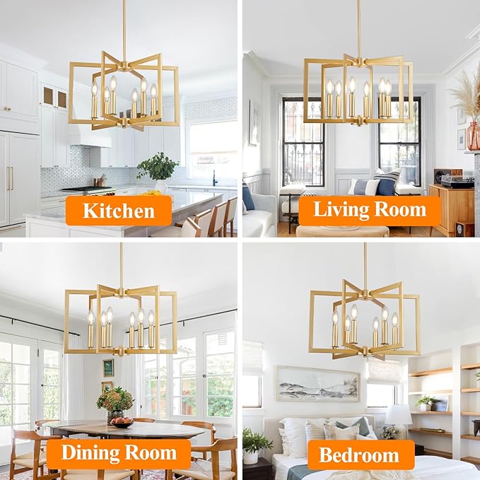 Dining Room Light Fixture Gold 6 Lights Modern Wrought Iron Farmhouse Chandelier Kitchen Island Lighting Golden Pendant Light for Living Room Foyer Entryway, E12 Socket, Height Adjustable,21.2"