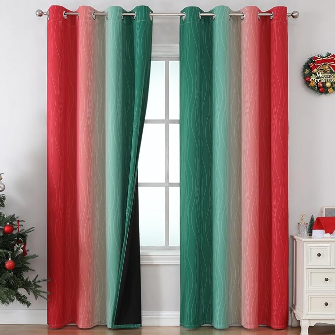 Estelar Textiler Red and Green Christmas Blackout Curtains for Bedroom, Thermal Insulated Ombre Drapes 84 Inches Long, Full Room Darkening Energy Saving Curtains for Living Room,52Wx84L,2 Panels