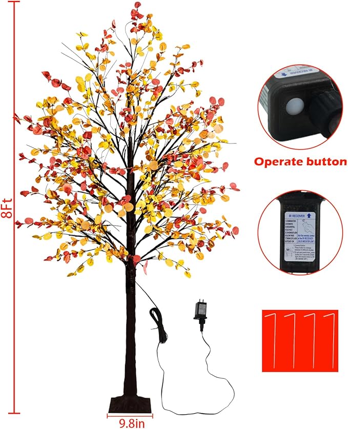 8FT Fall Lighted Eucalyptus Tree with 160 Led Lights Artificial Fall Light Up Tree Large Fake Autumn Tree Lights for Indoor Outdoor Fall Home Thanksgiving Christmas Decor