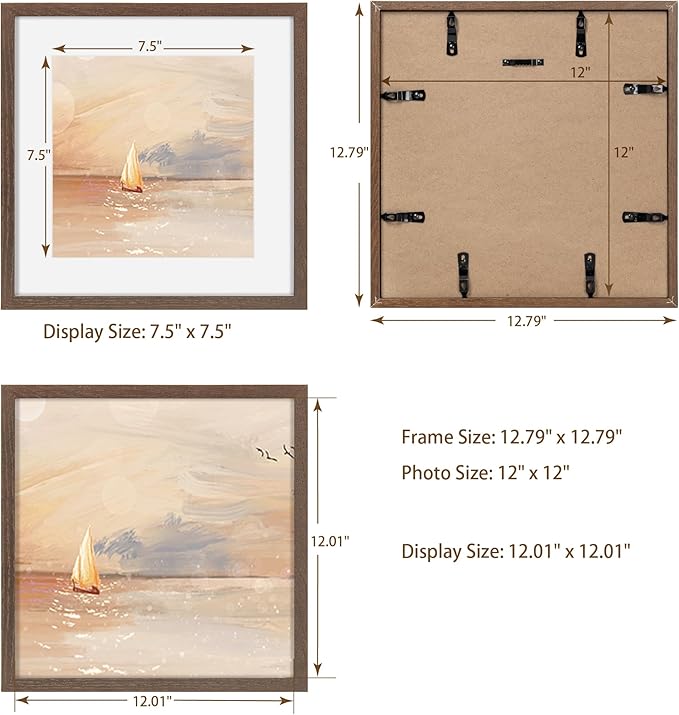Fun Memories 12x12 Picture Frame in Walnut, 12 x 12 Frame Set of 3, Rustic Oak Wood Frame 12 x 12 for Wall, 12x12 Frame display 8x8 Picture with Mat, Tempered Glass, Wall Collage Frame 12 by 12