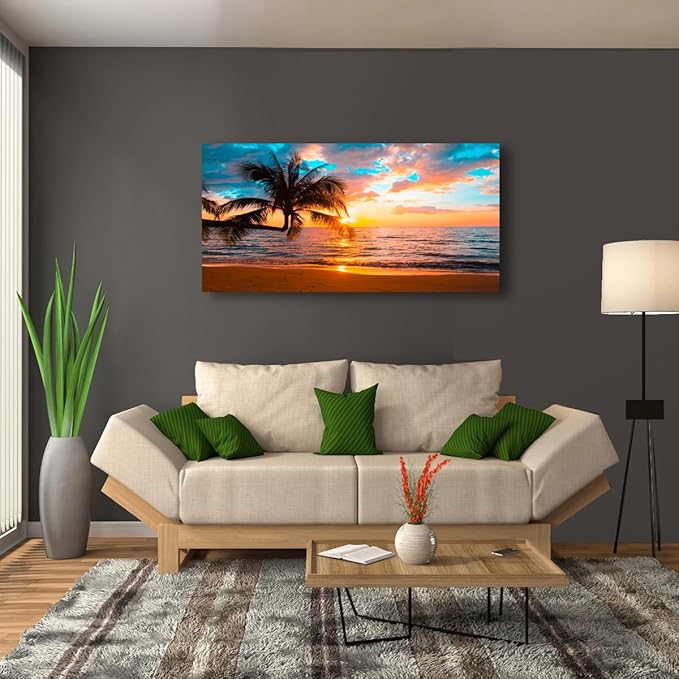 Beach Sunset Pictures Canvas Wall Art For Living Room Bedroom Wall Decor,Sunset Wall Art Print Paitnings For Home Decor,Morden Artwork Palm Cloud Canvas Art Waterproof Ready To Hang-28x57 Inches