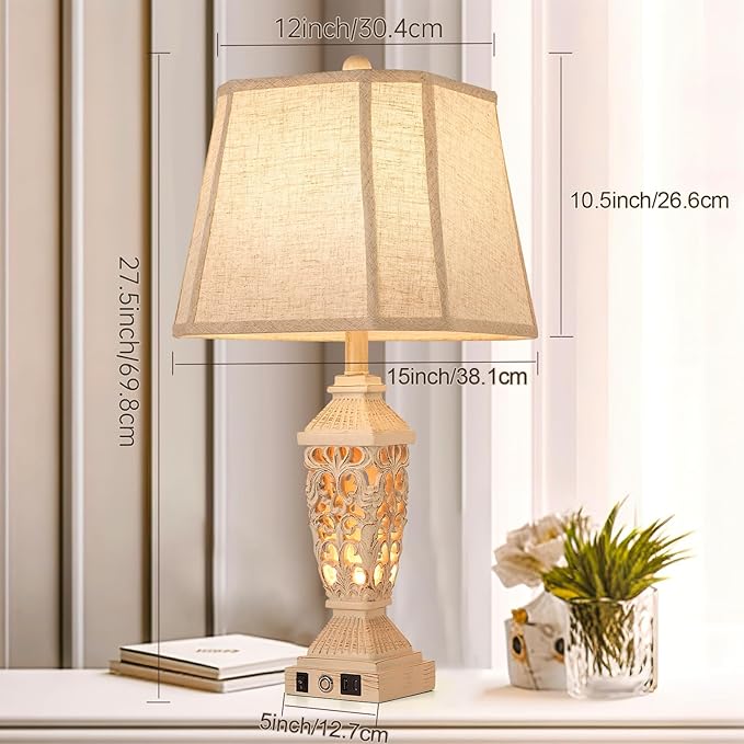 AIDENOEY Farmhouses Table Lamp with USB & USB-C Charging Ports, 3-Color Dimmable & Stepless Bottom Dimming, Touch Control & Switch, Vintage Bedside Lamp for Bedroom Living Room Office,(27.5" high)