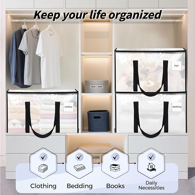 8 Pack Extra Large Heavy Duty Moving Bags, Clear Storage Bins with Lids, Reinforced Handles & Heavy-Duty Zippers Moving Boxes Storage Bags Totes for Clothes Packing, Dorms, College Supplies, Clear