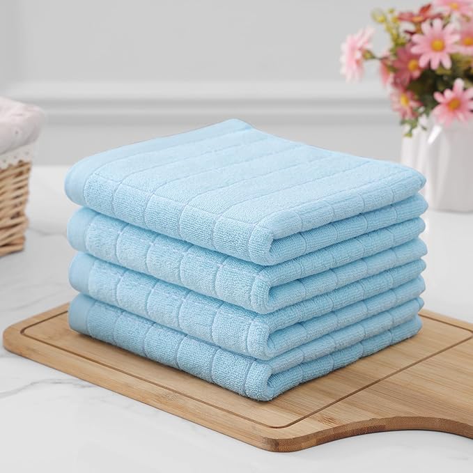 Homaxy 100% Cotton Terry Kitchen Towels(Sky Blue, 13 x 28 inches), Checkered Designed, Soft and Super Absorbent Dish Towels, 8 Pack
