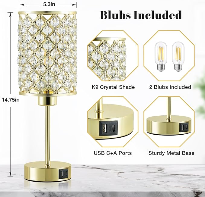 Crystal Table Lamps Set of 2, Gold Touch Lamp for Nightstand with USB C+A Ports, 3 Way Dimmable Small Bedside Lamp with Crystal Shade, End Table Desk Lamps for Bedroom, Living Room(Buld Included)