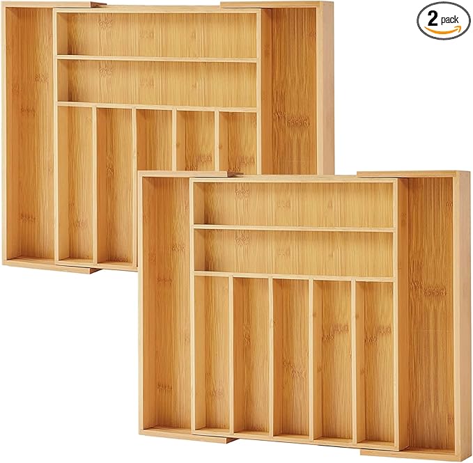 Bamboo Drawer Organizer, 2 Pack - Expandable Silverware Organizer & Utensil Drawer Organizer, Cutlery Tray with Dividers, 7-9 Slots- Premium Kitchen Organizer for Utensils & Flatware (Natural)