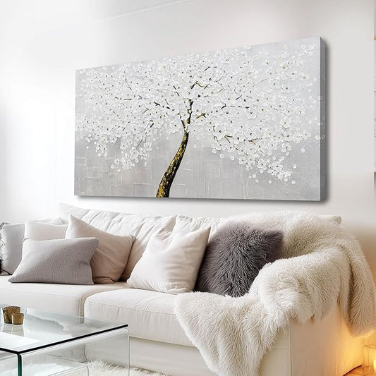 VAYIMDH White Flowers Wall Art Canvas Painting Black with Gold Tree Prints for Bedroom Contemporary Wall Decor for Living Room 24"x 48" Ready to Hang