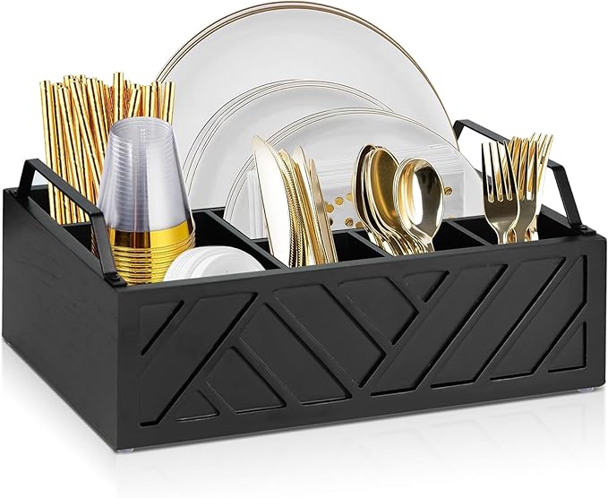 Paper Plate Dispenser and Holder for Kitchen Counter, Wood Rustic Silverware Utensil Caddy, Cutlery Flatware Organizer Box for Cups Spoons Forks Napkins, Kitchen Accessories (Black)
