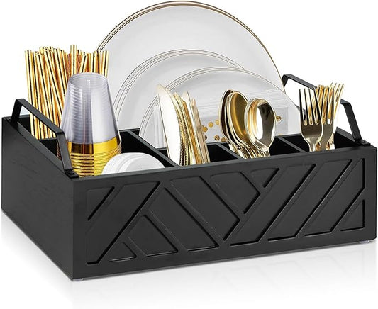 Paper Plate Dispenser and Holder for Kitchen Counter, Wood Rustic Silverware Utensil Caddy, Cutlery Flatware Organizer Box for Cups Spoons Forks Napkins, Kitchen Accessories (Black)