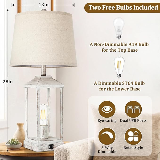 28" Bedside Table Lamp for Living Room, 3-Way Dimmable Touch Control Retro Nightstand Desk Lamp with 2 Light, White Rustic Farmhouse Lamp with USB Ports for Bedroom, Home, Office, 2 Bulbs Included