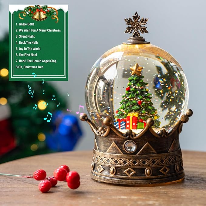 Snow Globe Lighted Christmas Decorations, Christmas Tree Musical Crown Snow Globe with Swirling Glitter, Christmas Holiday Party Gifts and Decorations