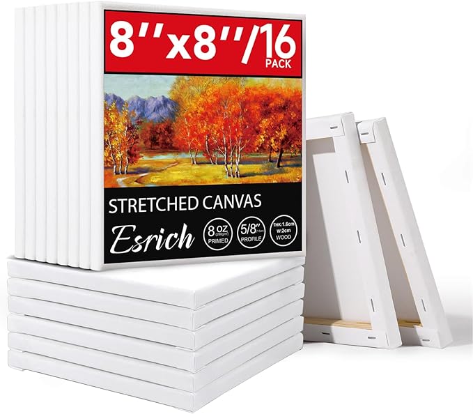 ESRICH Stretched Canvas for Painting, 16 Pack 8x8 Square Canvases for Painting Primed Acid-Free Blank Canvases,Painting Canvas for Beginners, Artists for Oil,Acrylic Paint, Pouring Painting.