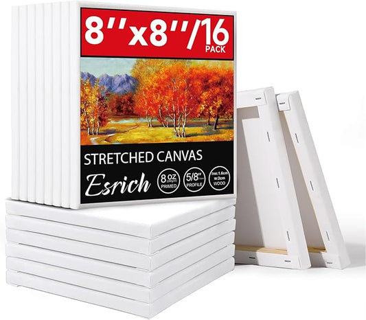 ESRICH Stretched Canvas for Painting, 16 Pack 8x8 Square Canvases for Painting Primed Acid-Free Blank Canvases,Painting Canvas for Beginners, Artists for Oil,Acrylic Paint, Pouring Painting.