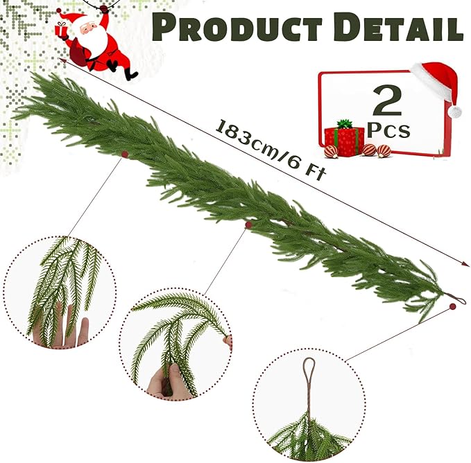 LVZHIYUAN 2 Pcs 6FT Christmas Garland,Christmas Decorations,Real Touch Norfolk Pine Garland,Green Faux Greenery Garland for Mantle Fireplace Door Table Wall Upstairs Indoor Outdoor Holiday Xmas Decor