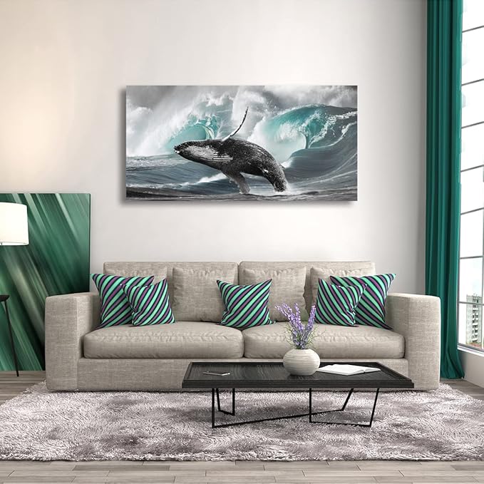 Surging Waves Whale Pictures Canvas Wall Art For Living Room Bedroom Wall Decor,Surge Wall Art Print Paitnings for Home Decor,Morden Artwork Seascape Canvas Art Waterproof Ready to Hang-20X40Inches