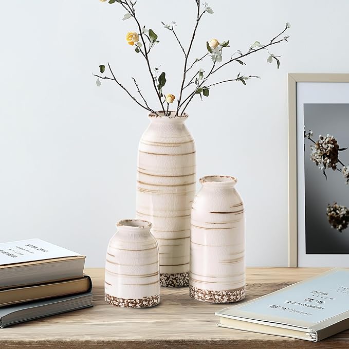 Ceramic Vase Set of 3, Farmhouse Rustic Decorative Vase for Home Decor, Modern Glazed Vase, Table Centerpiece for Living Room, Shelf, Bedroom, Kitchen (Omega Yellow)