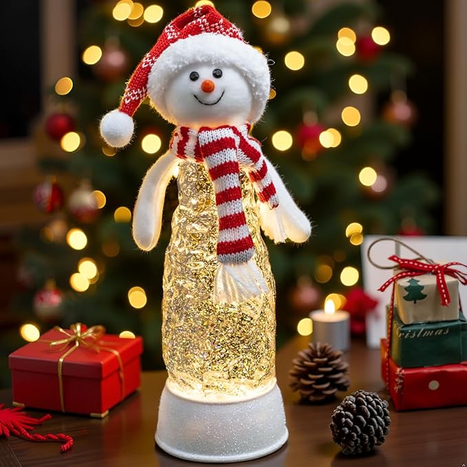 Christmas Snowman Decorations, Lighted Snowman Plush Swirling Glitter Musical Christmas Snow Globe Water Lantern for Table Mantel Desk Fireplace Home Holiday Decor