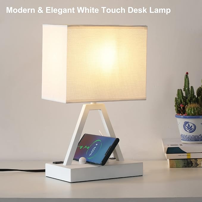 Briever Touch Control Table Lamp, 3-Way Dimmable Desk Lamp with USB C & USB A and AC Outlet, Bedside Lamp with Phone Stands for Bedroom, Living Room, Office, LED Bulb Included, White