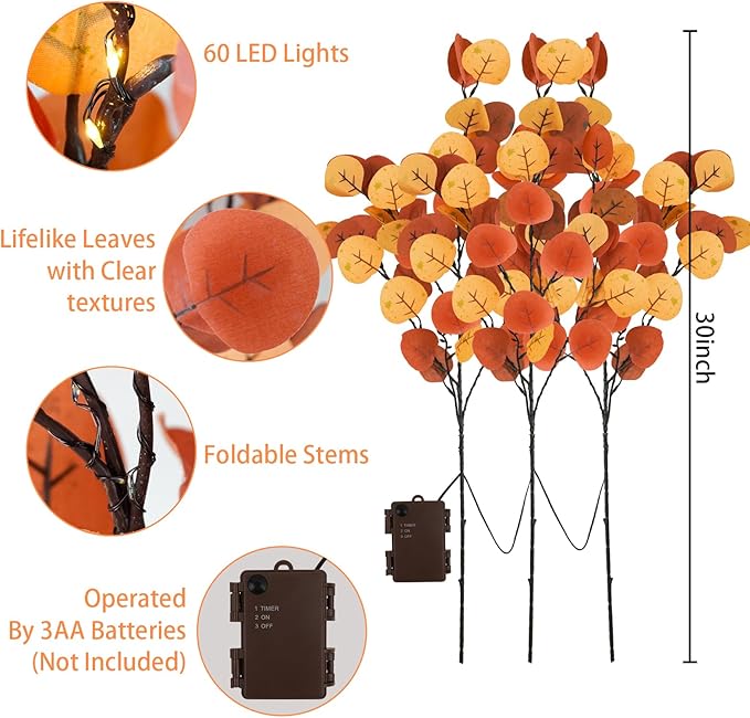 Agusbagli 30in 60LED Lighted Fall Eucalyptus Branches with Timer, Light Up Fall Eucalyptus Leaves Stems Battery Operated Lit Artificial Twig Autumn Fall Decorations for Home Wedding Party Decor