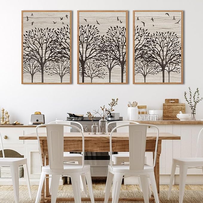 ANHUIB Framed Neutral Tree Canvas Wall Art 24 * 36 Inch Large Forest Bird Abstract Wall Decor Farmhouse Illustration Artwork for Living Room Bedroom Set of 3