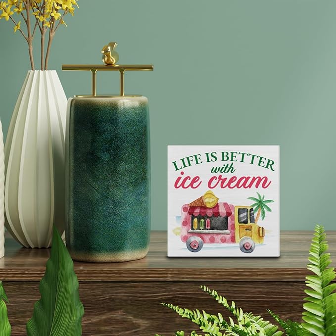 Summer Decor - Ice Cream Truck Decorations Summer Popsicle Wooden Sign Home Shelf Desk Decor 5 X 5 Inches