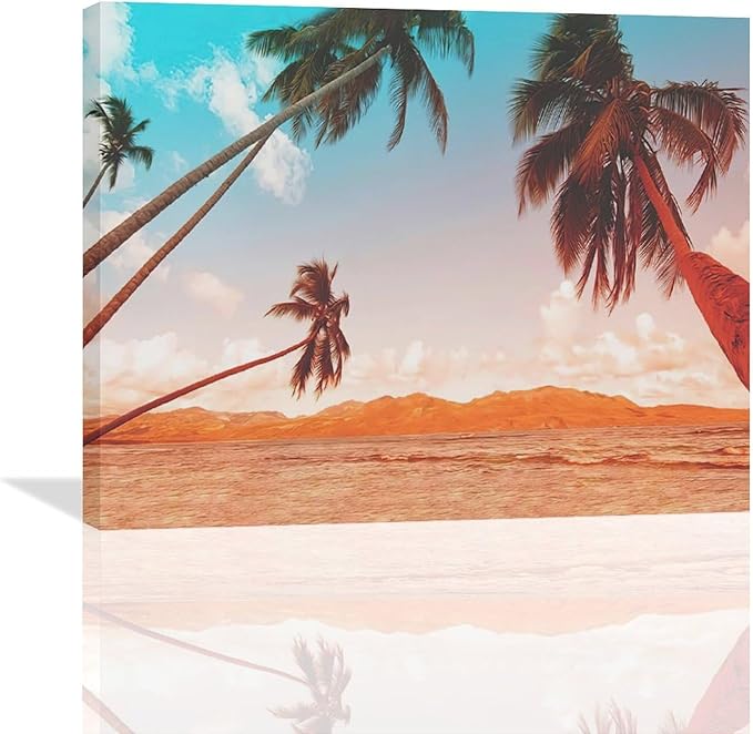 Large Beach Palms Wall Art Coastal Tropical Palm Tree Pictures Wall Decor Bathroom Ocean Nautical Canvas Painting Print Modern Home Decor Artwork Framed for Living Room Bathroom Master Bedroom 20"x16"