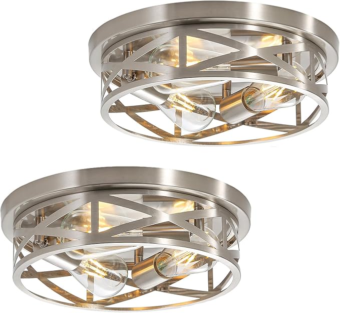 13 inch Brushed Nickel Flush Mount Ceiling Light Fixtures,3-Light Industrial Farmhouse Ceiling Light Fixture,Brushed Nickel Light Fixture Ceiling Mount for Kitchen Bedroom Living Room Hallway 2 Pack