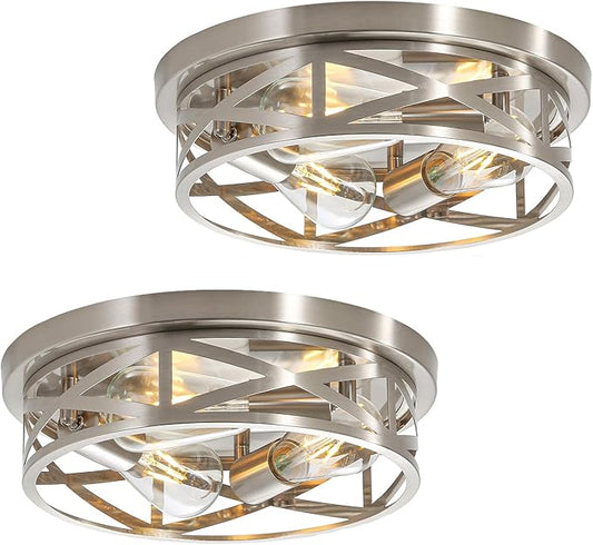 13 inch Brushed Nickel Flush Mount Ceiling Light Fixtures,3-Light Industrial Farmhouse Ceiling Light Fixture,Brushed Nickel Light Fixture Ceiling Mount for Kitchen Bedroom Living Room Hallway 2 Pack