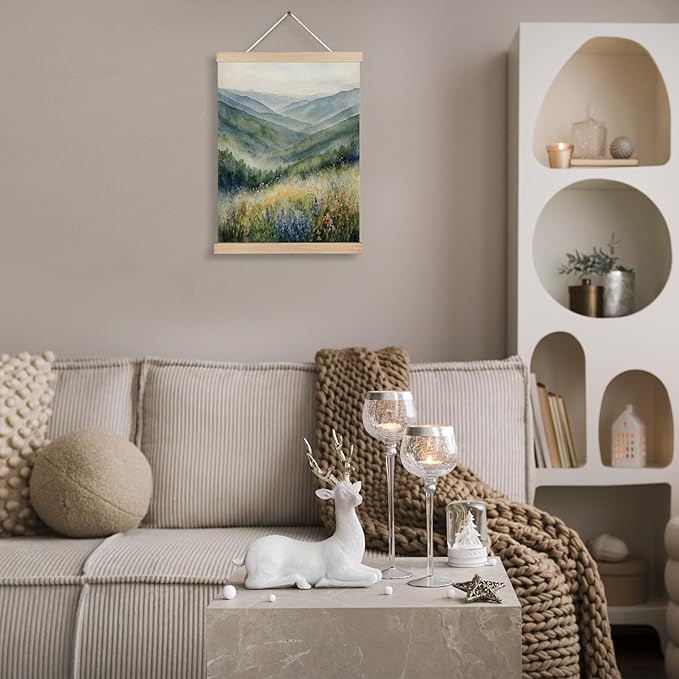 FITIE Green Mountains Forest Wall Art, Mountain Wall Decor, Rustic Farmhouse Forest Wall Art Decor, Watercolor Blue Ridge Mountains Wildflower Nature Landscape Canvas Wall Art Poster Hanger Frame, 12x16 Inches