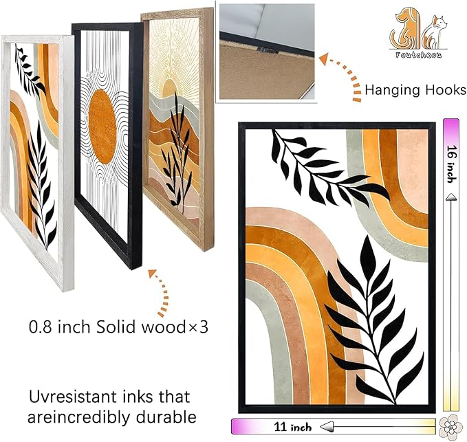 Geometric Sun Desert Plant Wall Art 16"x11" Set Of 3 Boho Wooden Framed Abstract Minimalist Sign Living Room Aesthetics Botanical Nature Illustrations Bedroom Office Wall Hanging Decor (Black)