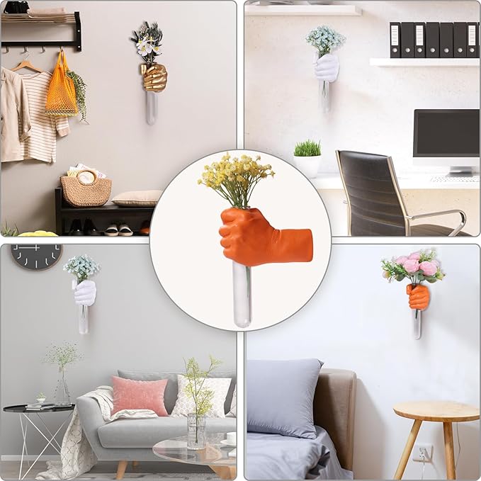 Orange Wall Sculptures, Hand Vases Home Decor, Wall Mount Art Sculpture, Unique Wall Art Statue, Funky Flower Vase Decorations, Modern Eclectic Hanging Decor,Glass Test Tube Vase (Orange)
