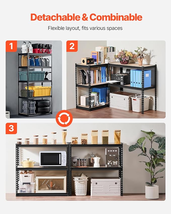 VEVOR Storage Shelves, 2000 lbs, 5 Tier Garage Storage Shelving, 16" D x 36" W x 71.4" H Adjustable Metal Shelves for Garage Shelves Utility Rack Shelf, Ideal for Kitchen, Warehouse, Basement, Black