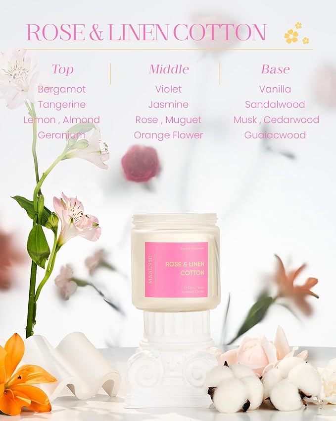 M&SENSE Rose Linen Cotton Spring Scented Candle - 11.6oz Natural Soy Wax Non Toxic Candle for Mothers Day 70-Hour Slow-Burning Time Aromatherapy Gifts for Women & Home Decor
