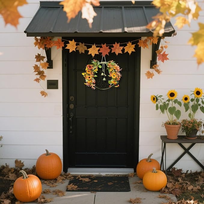 Fall Leaves Wreaths for Front Door Fall Half Wreath with Bell Artificial Falls Sunflowers Wreath with Mixed Leaves, Autumn Hoop Wreaths for Thanksgiving Window Home Wall Farmhouse Outdoor Indoor Décor